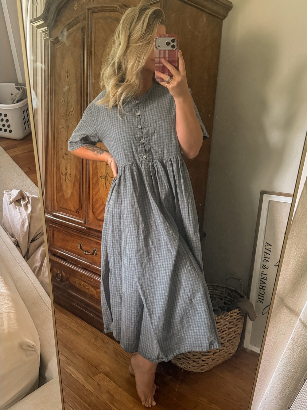 The Bare Road “Darcy” Gingham Dusty Blue Dress